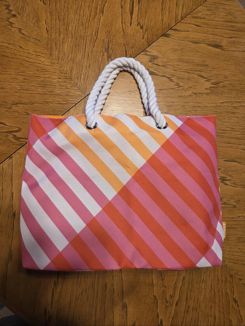 CLINIQUE Striped Pink & Orange Canvas Tote Bag with Rope Handles
